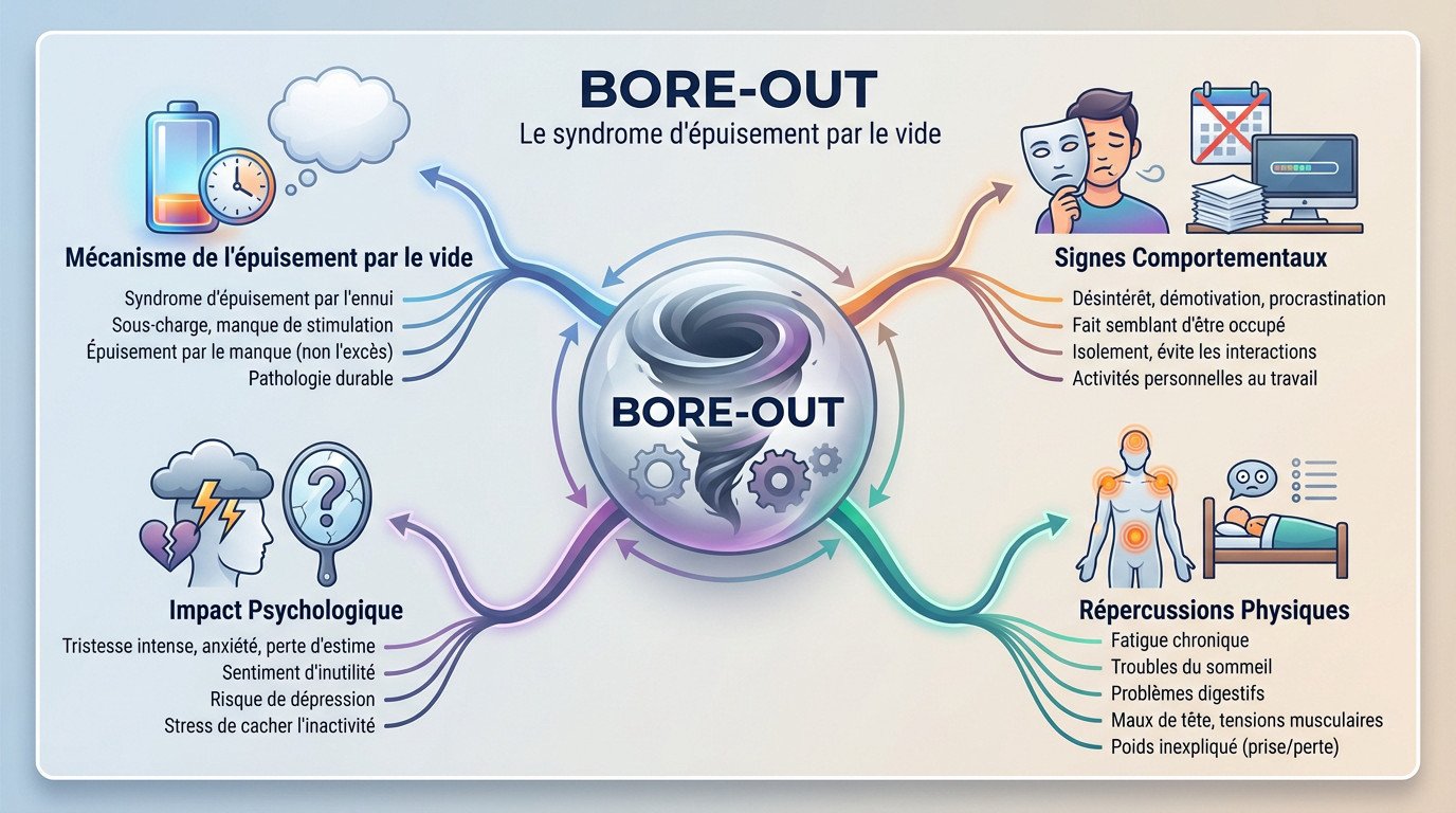 Infographie détaillant le bore-out comme un syndrome d'épuisement par le vide au travail