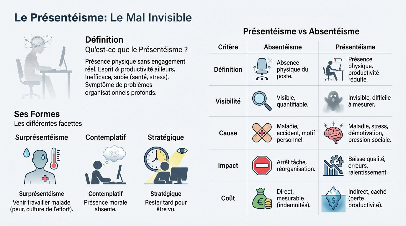 Salarié épuisé au bureau illustrant le concept de présentéisme au travail et ses effets néfastes