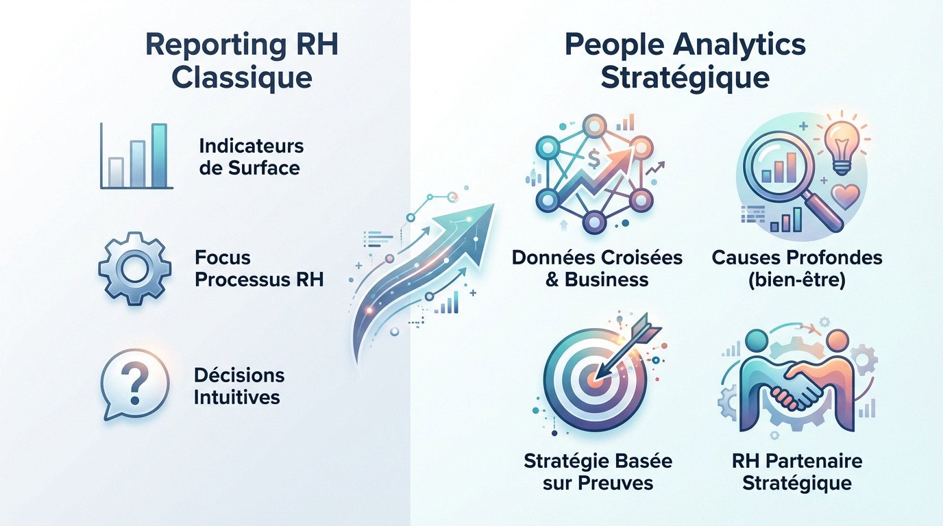Comparaison visuelle entre le reporting RH classique et l'approche stratégique du People Analytics