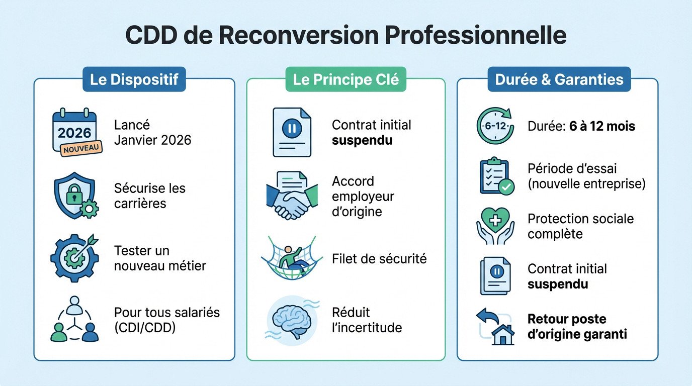 Infographie expliquant le fonctionnement du CDD de reconversion professionnelle