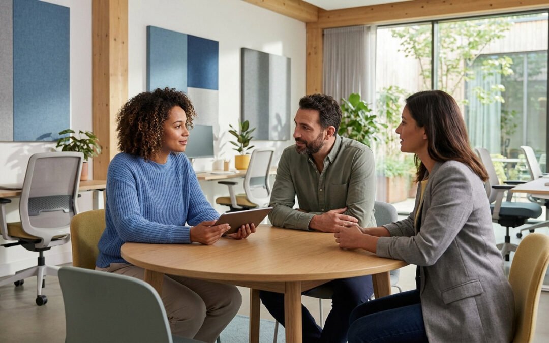 Three diverse colleagues collaborate in a bright, modern office. Natural light, plants, and acoustic panels create a supportive, calm environment.