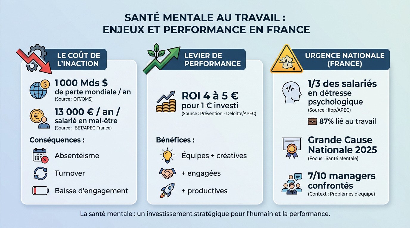 Infographie sur les enjeux financiers et humains de la santé mentale au travail en France