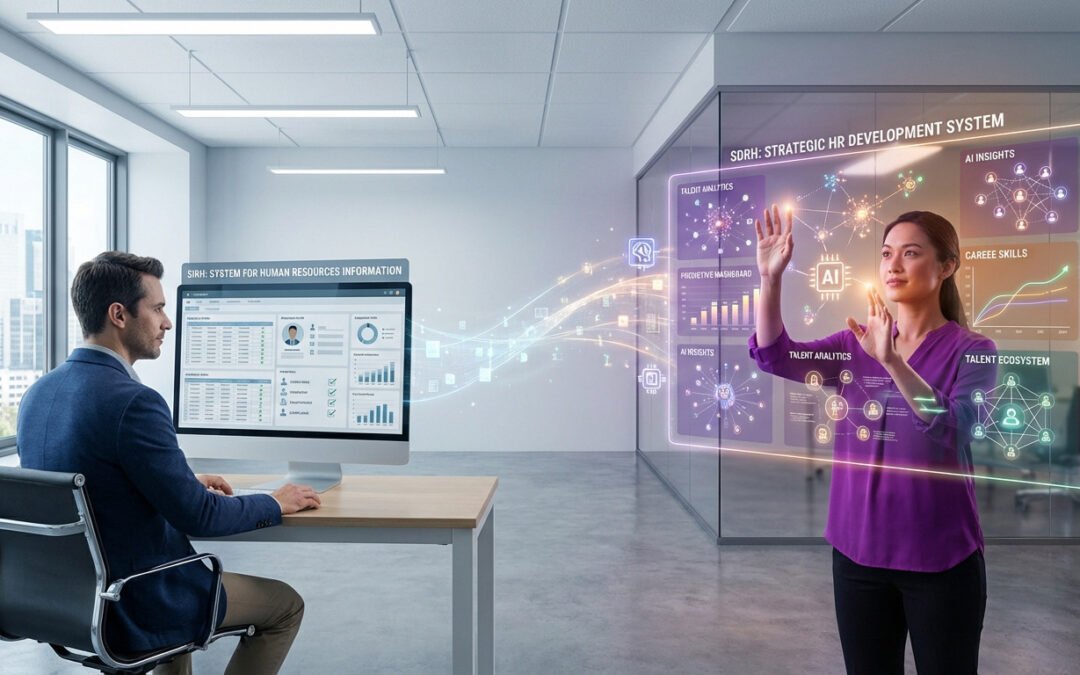 Image depicting the transformation from traditional SIRH to advanced SDRH, with data streams connecting a desk setup to a holographic interface.