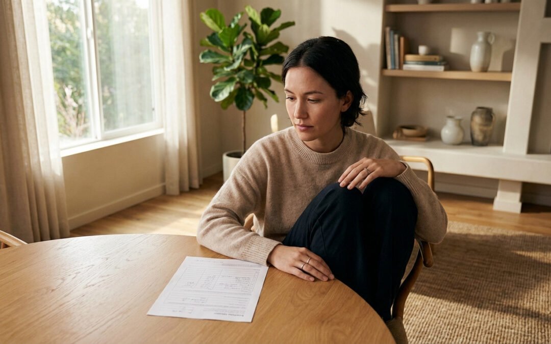 A woman in a beige sweater sits at a wooden table, thoughtfully contemplating a document. Natural light fills a modern home interior.