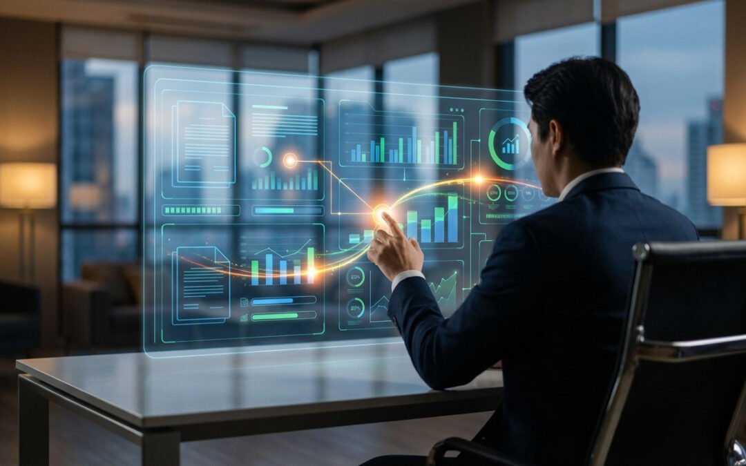 Professional interacts with holographic interface displaying charts, financial data, and legal document outlines in a modern office.