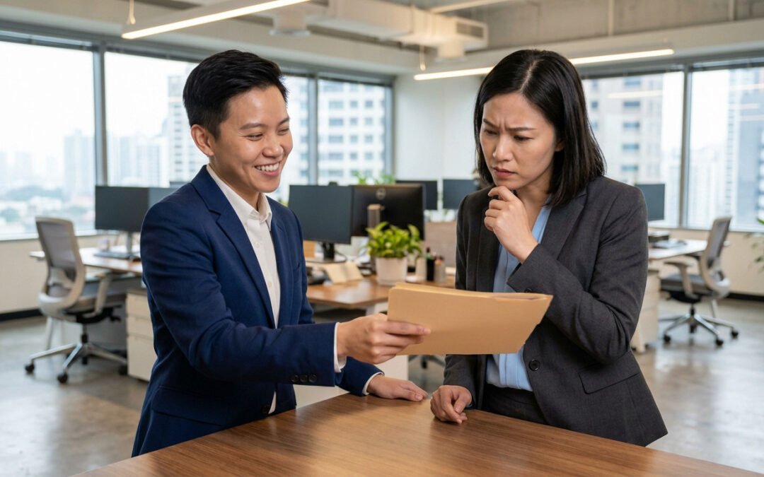 Professional offering document with a calculated smile, while colleague observes with discerning, furrowed brow in a modern office.