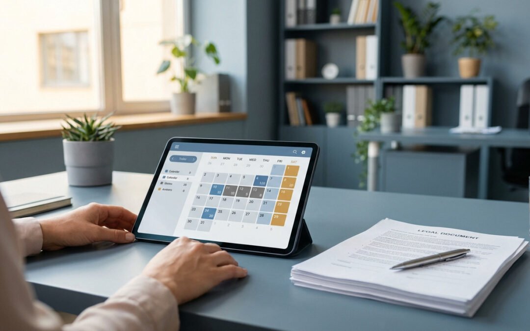 Mains sur tablette affichant calendrier, document légal et stylo sur bureau moderne. Ambiance professionnelle, planification et contrat.