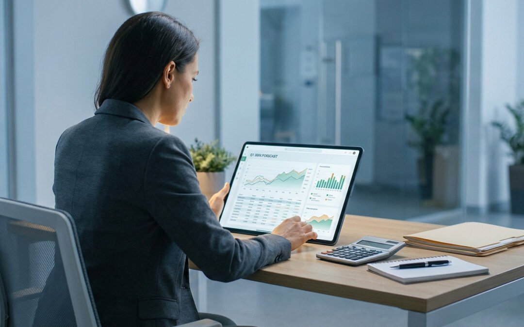A professional, seen from behind, intently reviews financial charts and data on a tablet at a modern, well-lit office desk, showing a 2026 forecast.