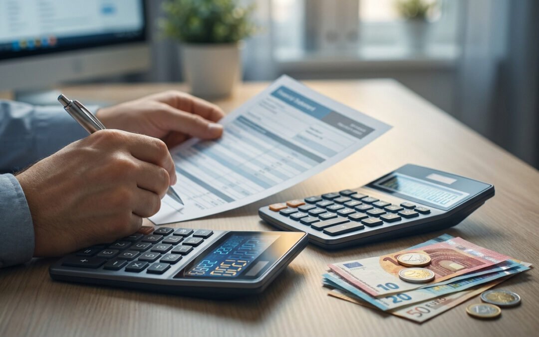 Close-up of hands using a pen on a financial document, with two calculators and Euro currency on a modern, well-lit desk, suggesting financial planning.