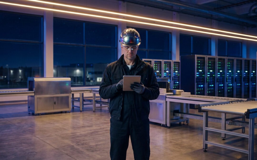 Worker in helmet and safety glasses examining tablet in a high-tech facility at night, warm lights, cool night sky.