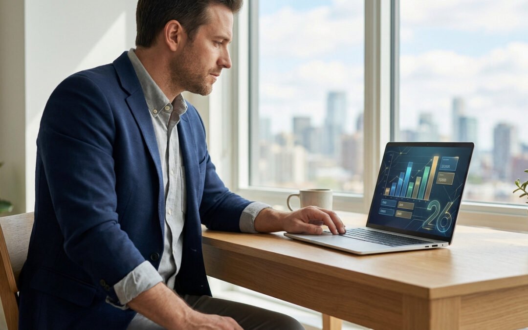 Man in navy blazer analyzes futuristic financial data on laptop at modern desk. Bright office, city view. Quiet determination.