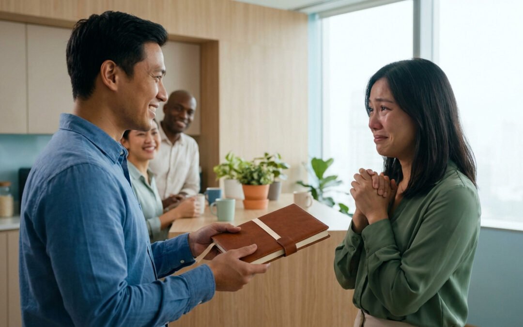 A man presents a brown book to an emotional woman with clasped hands in a modern office break room. Smiling colleagues watch.