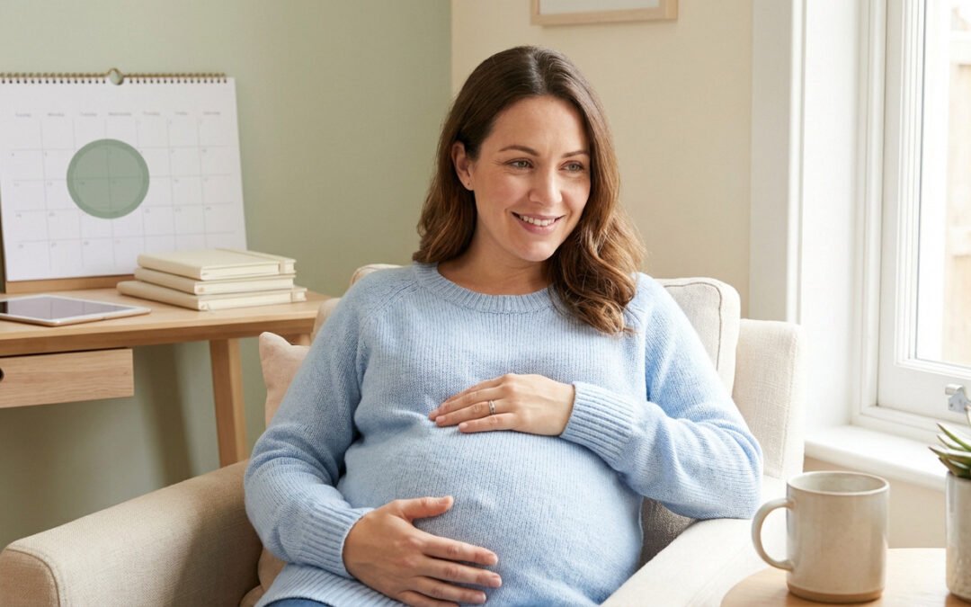 Smiling pregnant woman cradles bump in a sunlit home office with a calendar and tablet on a desk in the soft-focus background.