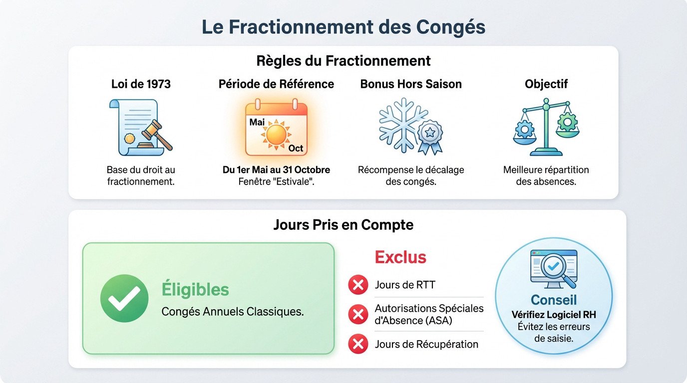 Calendrier illustrant le principe du fractionnement des congés dans la fonction publique