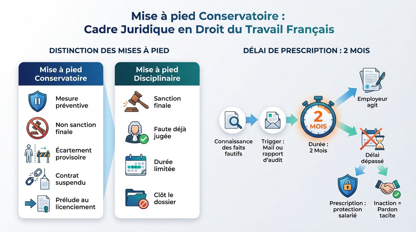 Schéma explicatif de la différence entre mise à pied conservatoire et disciplinaire avec les délais légaux