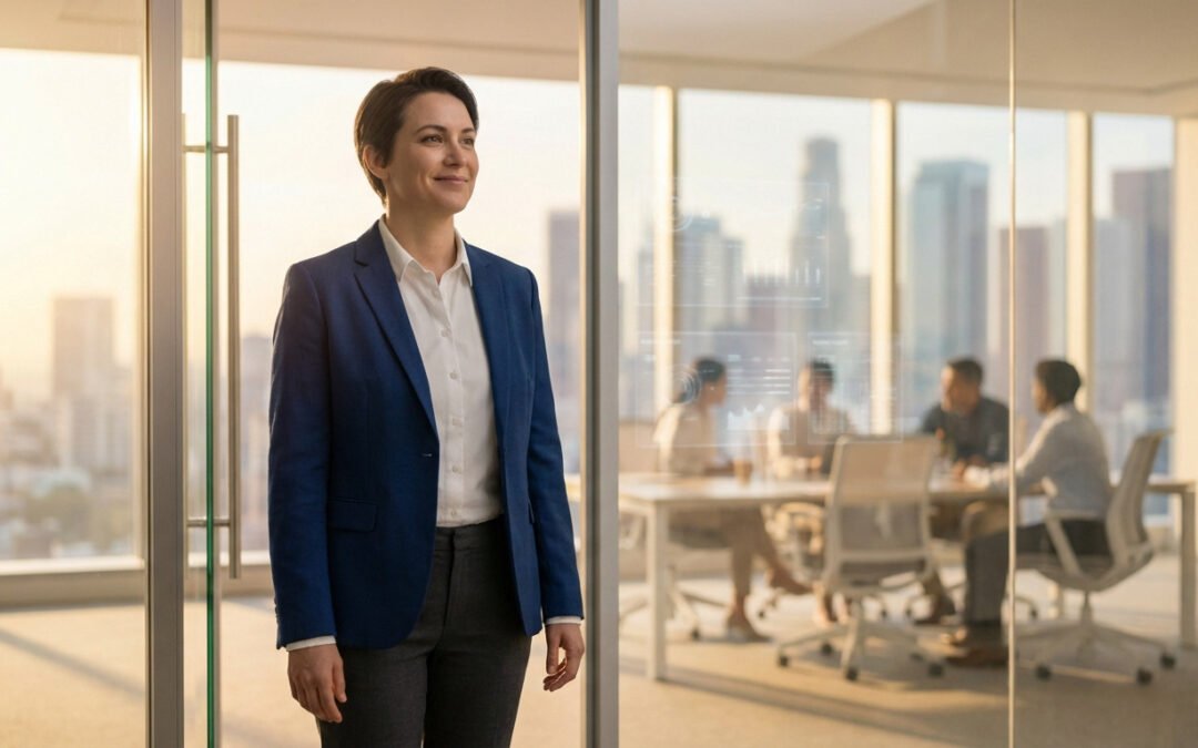 Professional woman in blue blazer smiles confidently at a modern office threshold, with a city skyline and data visuals in the background.