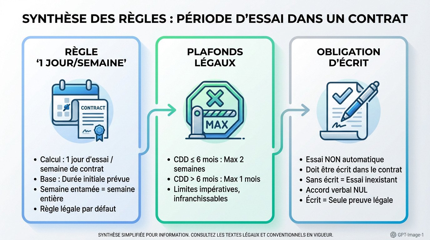Calendrier et contrat illustrant le calcul de la période d'essai en CDD
