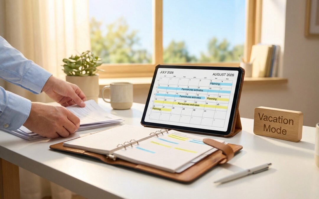 Bureau ensoleillé : mains organisant documents, tablette affichant calendrier été 2026 avec "fermetures estivales", panneau "Vacation Mode".