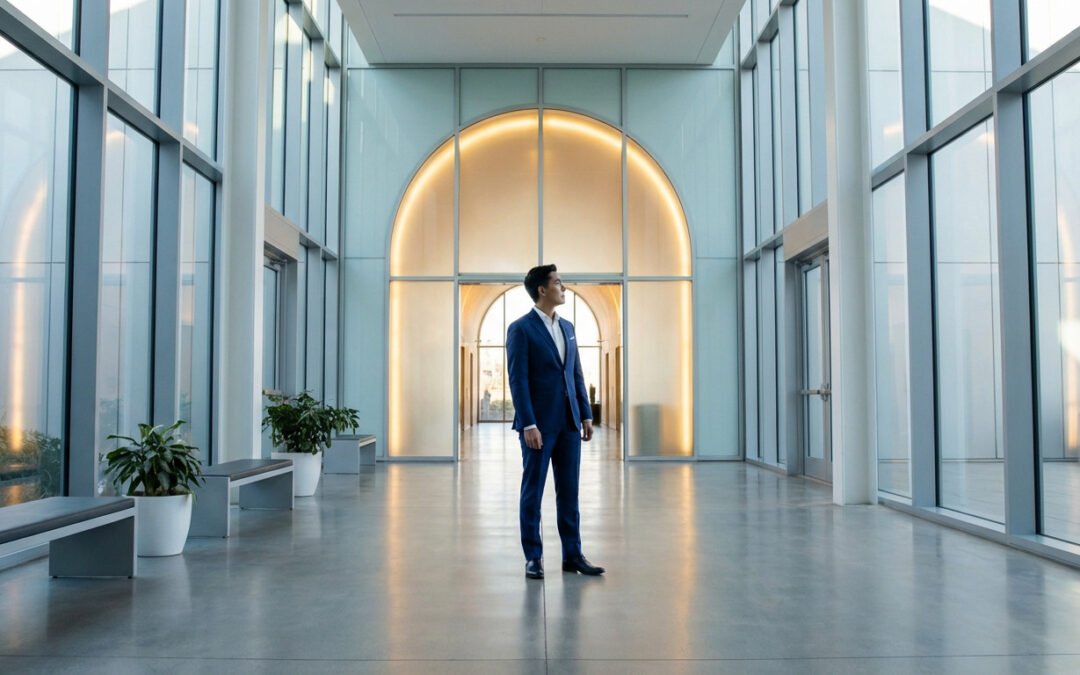 Man in blue suit in a modern, bright architectural space, looking confidently towards a glowing golden archway of opportunity.