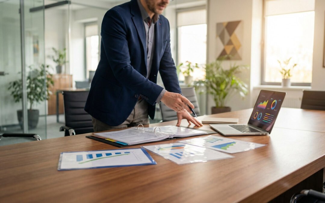 A professional in a modern office presents strategic documents and data on a laptop and charts, discussing career progression.
