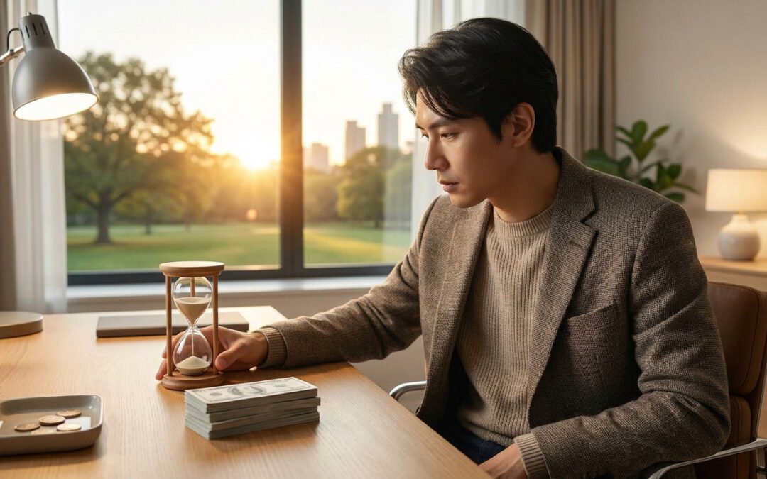 Man thoughtfully looks at an hourglass and money on a desk in a warm, sunlit office with a park view at sunset.