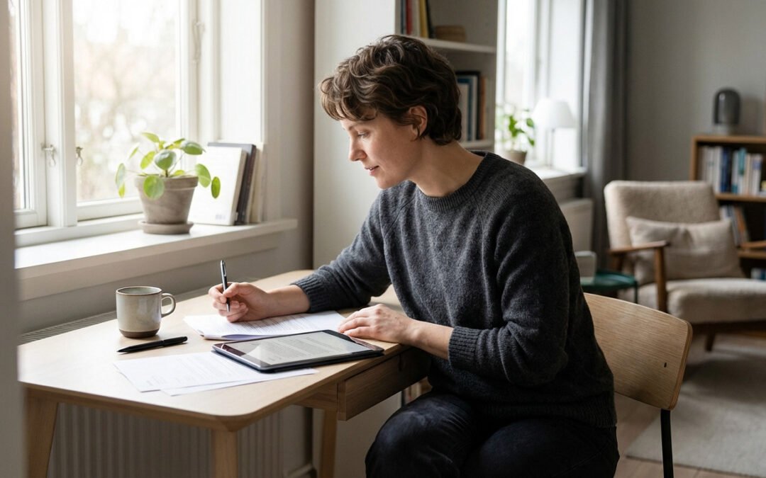 Gender-neutral figure in smart casual attire, focused on documents and a tablet at a modern desk in a bright home office.