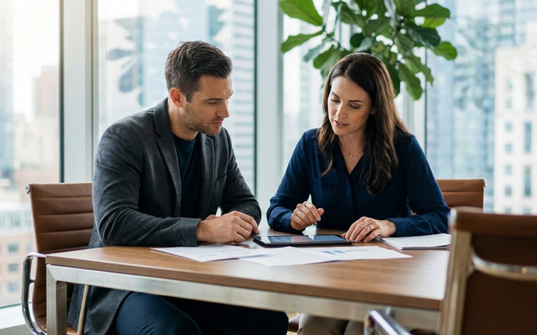 Two business professionals, a man and a woman, discuss policies using a digital tablet at a modern conference table in a bright office.