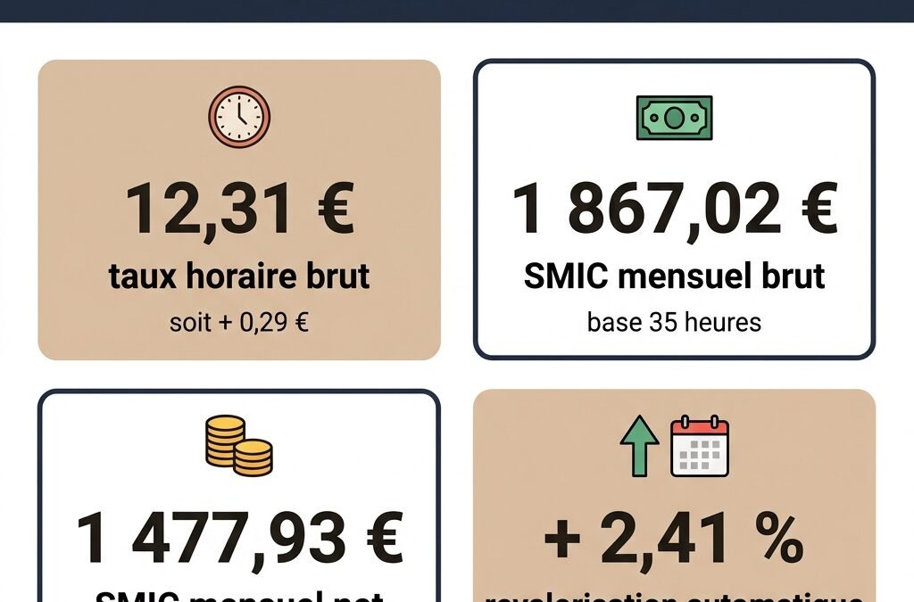 Infographie SMIC au 1er juin 2026 : 12,31 € horaire brut, 1 867,02 € mensuel brut, 1 477,93 € mensuel net, +2,41 %