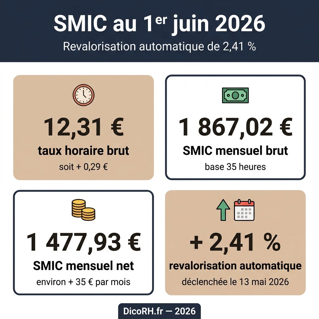 Infographie SMIC au 1er juin 2026 : 12,31 € horaire brut, 1 867,02 € mensuel brut, 1 477,93 € mensuel net, +2,41 %