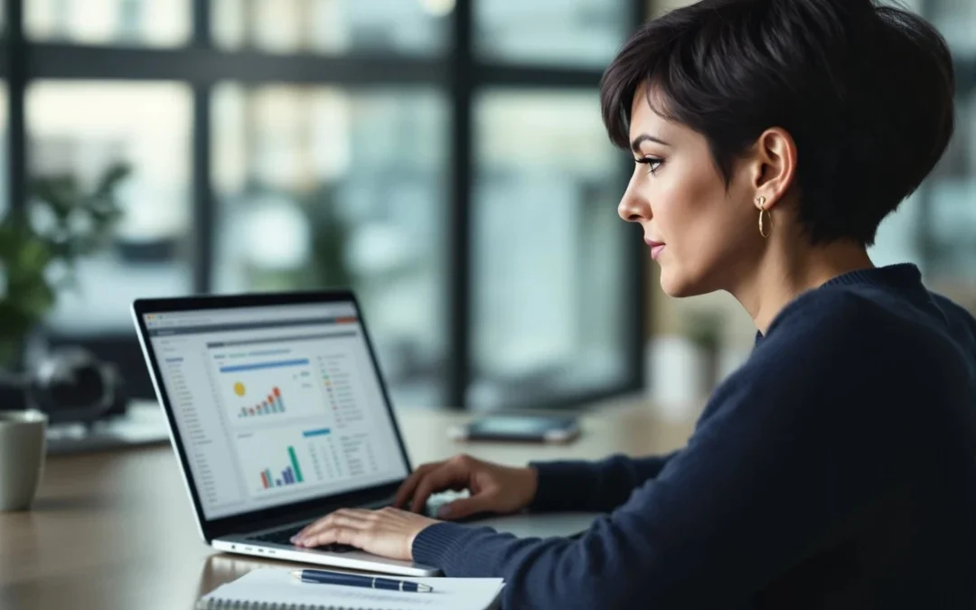 Une collaboratrice travaille sur un tableur Excel avec graphiques sur son ordinateur portable