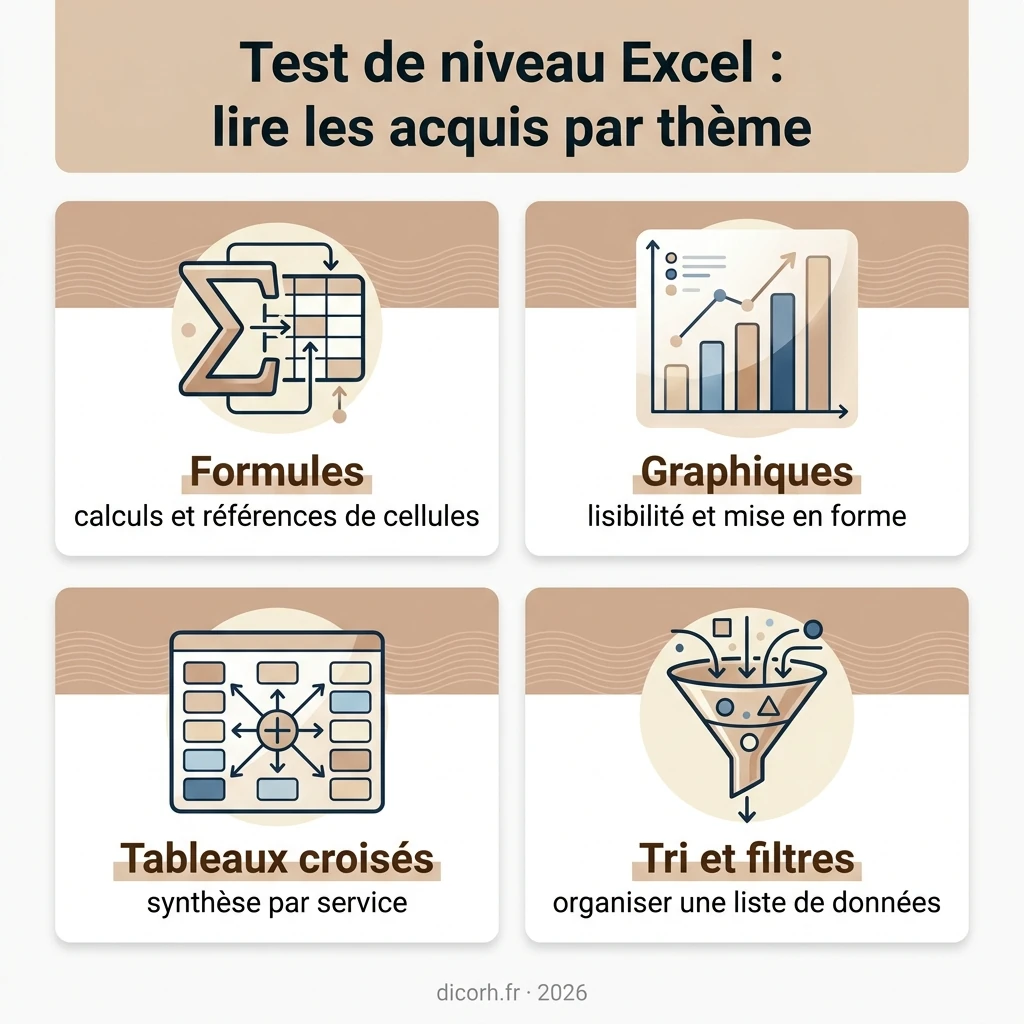Infographie : les quatre thèmes d'un test de niveau Excel, formules, graphiques, tableaux croisés, tri et filtres