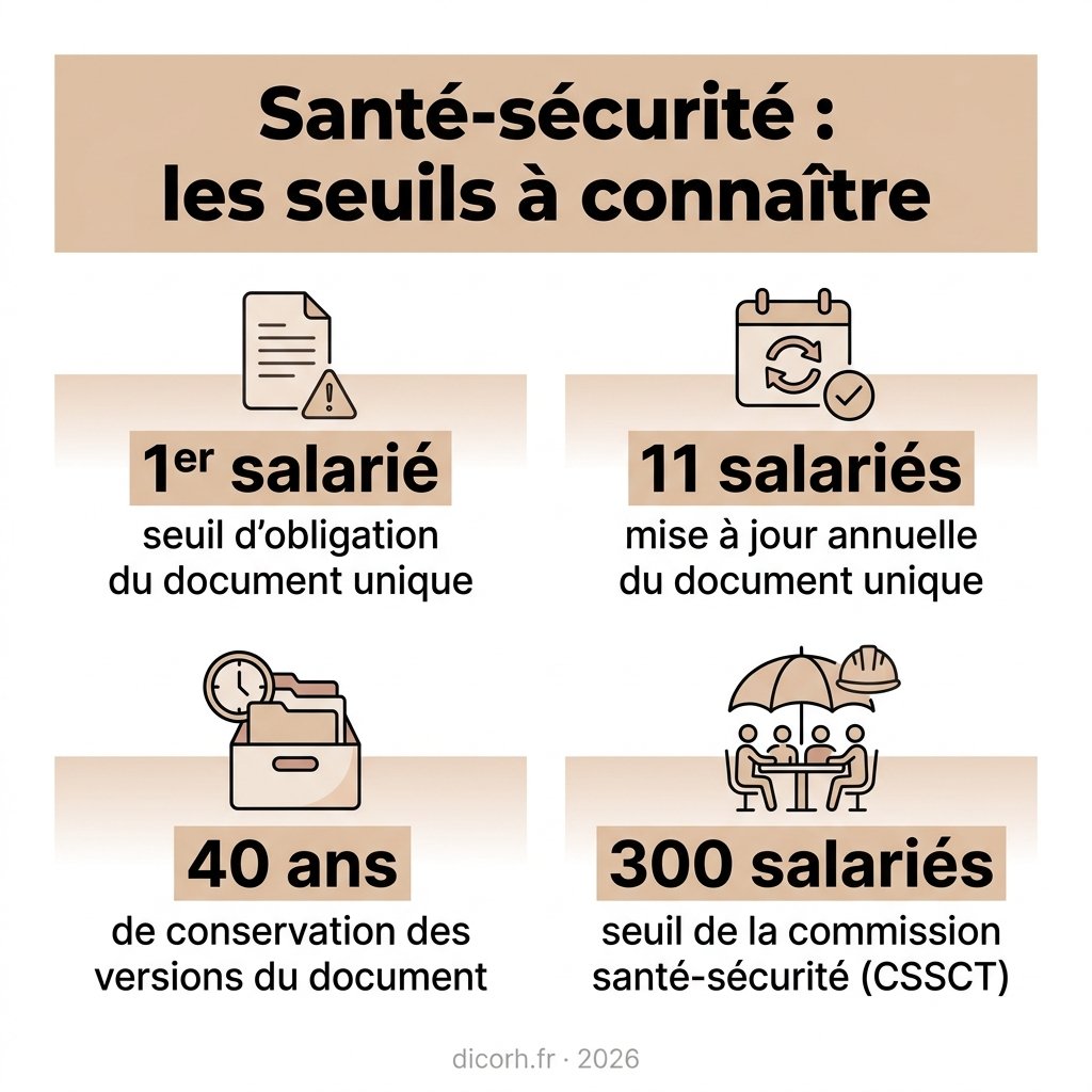Infographie : santé-sécurité au travail, les seuils à connaître (document unique, mise à jour annuelle, conservation, CSSCT)