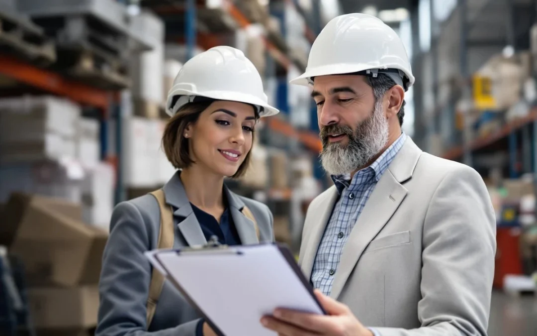 Une responsable et un contrôleur en casque vérifient une liste de contrôle dans un entrepôt